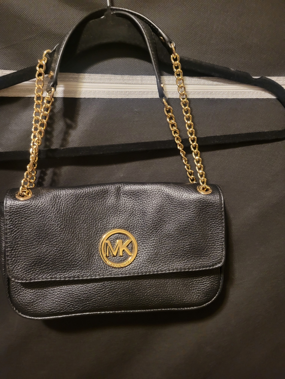 Michael Kors Black Leather Crossbody with Gold MK Chain